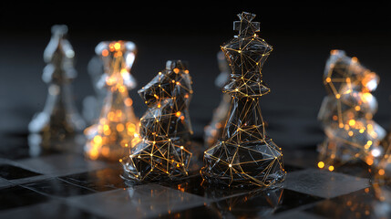 Abstract chess pieces connected with glowing digital network lines, symbol of teamwork and strategic planning.