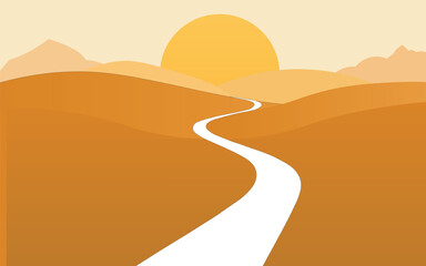 Desert landscape with a winding road leading to a large sunset. Warm brown tones create a travel and journey theme, perfect for inspirational web backgrounds, presentations, and digital designs.