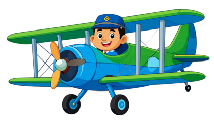 Cartoon pilot flying a blue and green biplane airplane.