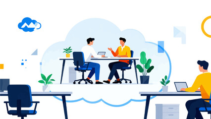 People working at desks with laptops