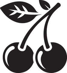 Simple black silhouette of two cherries with stems and leaves
