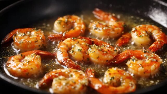 Savory shrimp cook in rich garlic butter and herbs, showcasing a mouthwatering seafood dish
