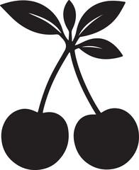 Simple black silhouette of two cherries with stems and leaves