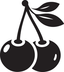 Simple black silhouette of two cherries with stems and leaves