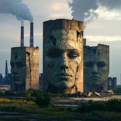 Monumental faces in industrial landscape