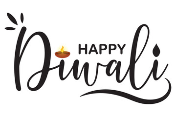 A "Happy Diwali" calligraphic greeting text, a vector illustration with decorative diyas and fireworks for the Indian festival of lights.