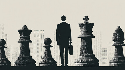 Businessman silhouette standing behind giant chess pieces, symbol of strategy, decision, and corporate power.