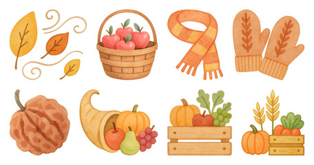 PNG Autumn harvest watercolor illustration set, element set on transparent background
