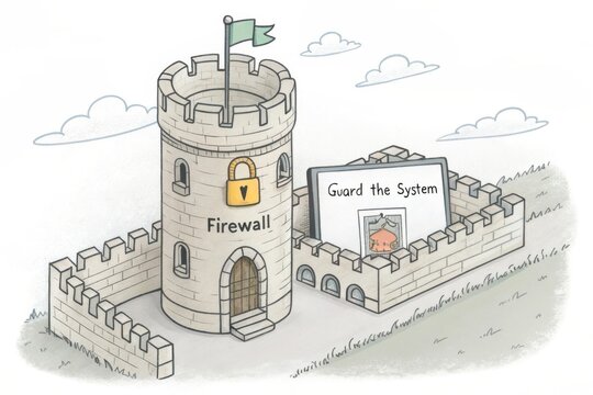 Castle tower and wall with digital padlock icon to protect security