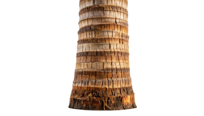 Close up of a textured palm tree trunk isolated on white background.
