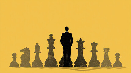 Businessman silhouette standing behind giant chess pieces, symbol of strategy, decision, and corporate power.