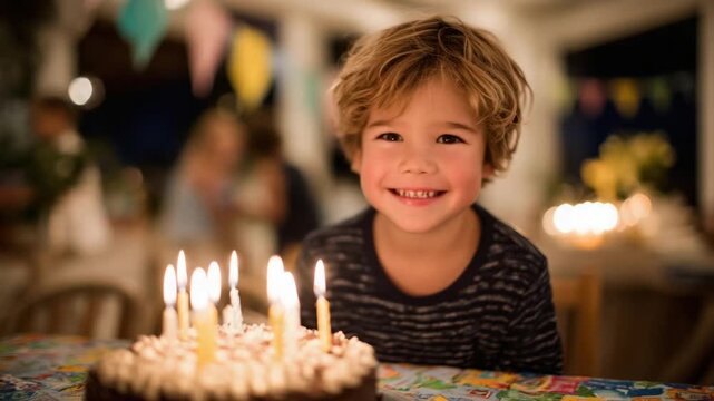 A young boy eagerly blows out candles on a chocolate cake at a vibrant birthday celebration, his face aglow with warm candlelight amidst festive decorations.