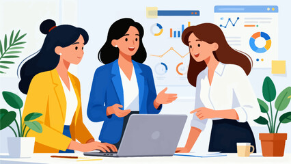 Three women collaborating at a laptop in office