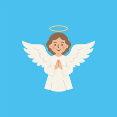 Praying angel character. Childlike angel with halo, prayerful, peaceful, devotion.