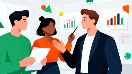 Three people discussing business charts