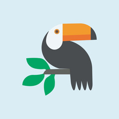Toucan flat illustration. Tropical toucan perched on a branch, rainforest, exotic bird.