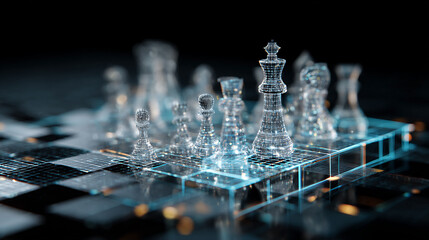 Digital holographic chessboard floating in mid-air, symbol of futuristic business strategy and innovation.