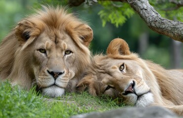 Obraz premium a male lion and a female lion sitting on the grass, surrounded by green trees, in their natural habitat.