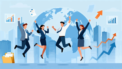 Business team celebrating success with global backdrop