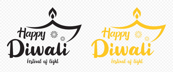 A "Happy Diwali" calligraphic greeting text, a vector illustration with decorative diyas and fireworks for the Indian festival of lights.
