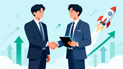 Two men in suits shaking hands with rocket and arrows