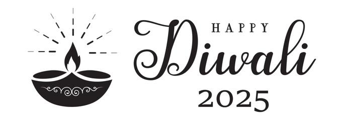 Elegant vector illustration of a traditional Diya lamp with Happy Diwali 2025 typography. Perfect for greeting cards, posters, banners, and festive decorations.