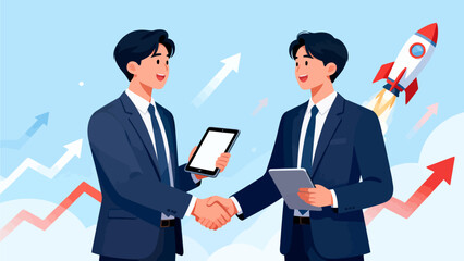 Two businessmen shaking hands with digital tablets