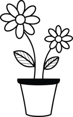 A simple black and white line drawing of two daisies in a pot, isolated on white background