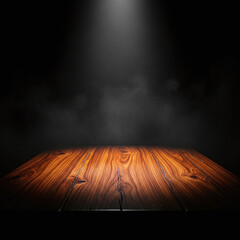 Spotlight Illuminating Rustic Wooden Floor with Dark Background and Haze