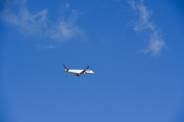 Airplane in the blue sky.