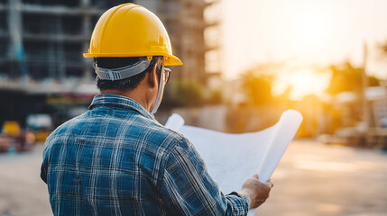 Engineer wearing yellow safety helmet checking construction blueprints at building site with sunlight background.