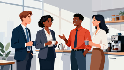 Four colleagues chatting with coffee in office kitchen