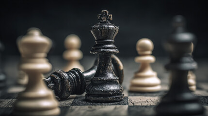 Fallen chess king surrounded by pawns, symbol of leadership failure and business risk.