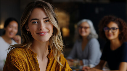 Obraz premium Close up of Smiling Blond Woman in Orange Patterned Blouse with Diverse Colleagues in Office