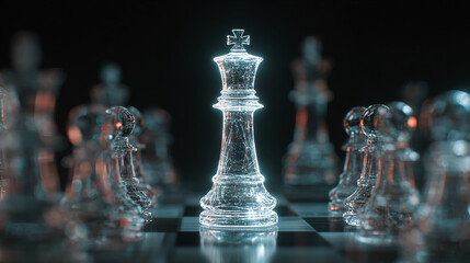 Glowing holographic chess king standing tall among pawns on futuristic digital board, concept of leadership in technology.