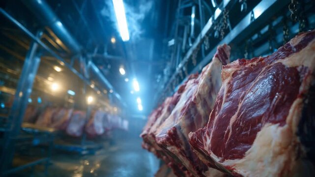 A striking perspective shot of beef hanging symmetrically on rails, with cold mist and fluorescent lights accentuating the red tones in an icy setting.