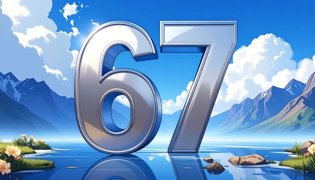 Large metallic numbers 67 on a serene landscape