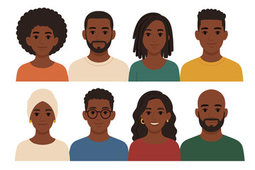 Black people avatars set. Diverse African American men and women character collection. Vector illustration of different faces, looks, and hairstyles for user profile portraits.
