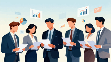 Business team reviewing documents with charts