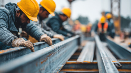 Group of workers in helmets lifting steel beams at construction site, teamwork and safety concept.