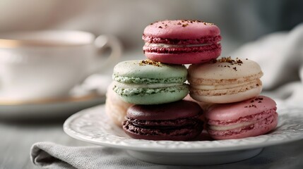 A stack of colorful and elegant French arons arranged on a decorative white plate ready for a delightful tea time