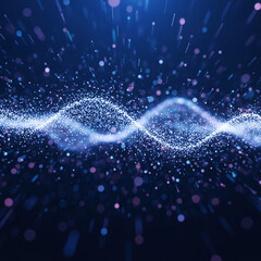 Dynamic Luminous Wave: Abstract blue particles undulate in a digital current, evoking science, technology, data, and cosmic exploration. Ideal for futuristic backgrounds.
