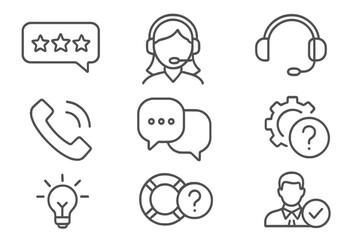 Customer service thin line icon set. Vector symbols of technical support, online help, call center, and feedback. Outline pictogram pack for web design, faq, chat, solution.