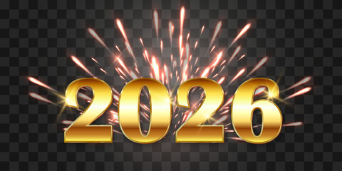 2026 New Year's Eve fireworks. Festive fireworks with brightly shining sparks. Realistic sparks and explosions. Vector isolated on png background.