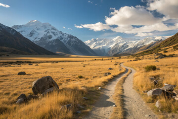 Dirt road leads to snowcapped mountains in a golden field on a sunny day