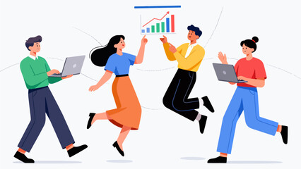 Team celebrating business growth with laptops and chart