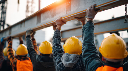 Group of workers in helmets lifting steel beams at construction site, teamwork and safety concept.