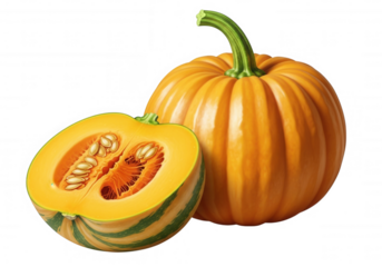 Orange squash with green stripes and seeds isolated on a transparent background