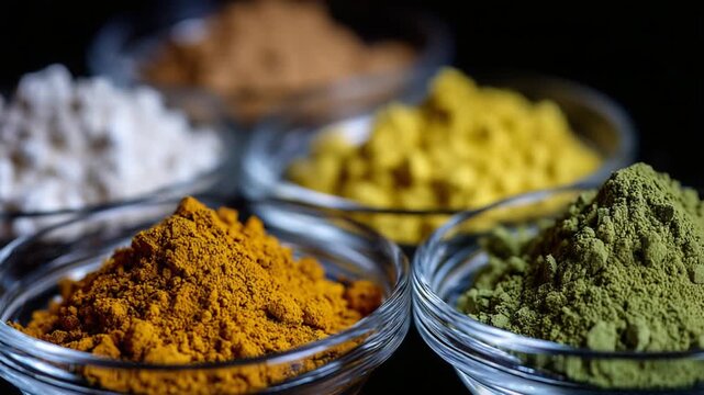 Macro image showcasing vibrant rare earth oxide powders in white, yellow, and green hues, elegantly displayed in glass dishes under gentle lab lighting.