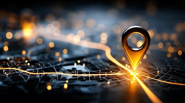Navigating the Digital Landscape: A glowing map marker pinpoints a location on a network of illuminated digital pathways, representing journey, routes, destination, location, GPS and more.